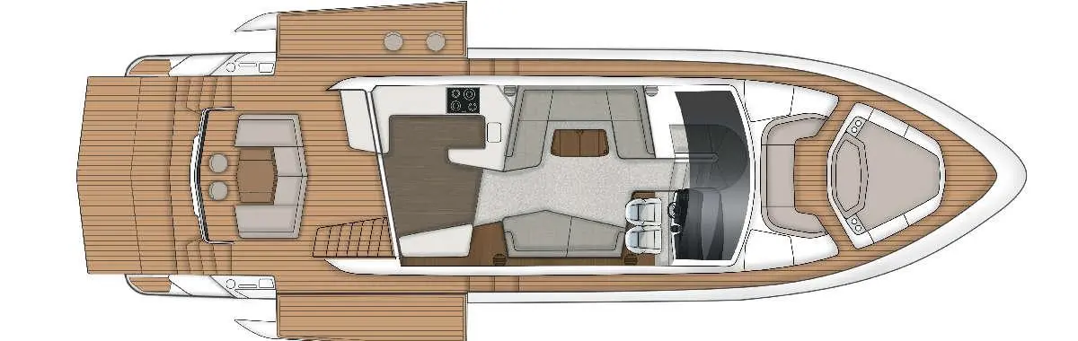 Top-down view of a luxury yacht interior featuring a seating area, helm, kitchenette, and sunbathing space on the deck.